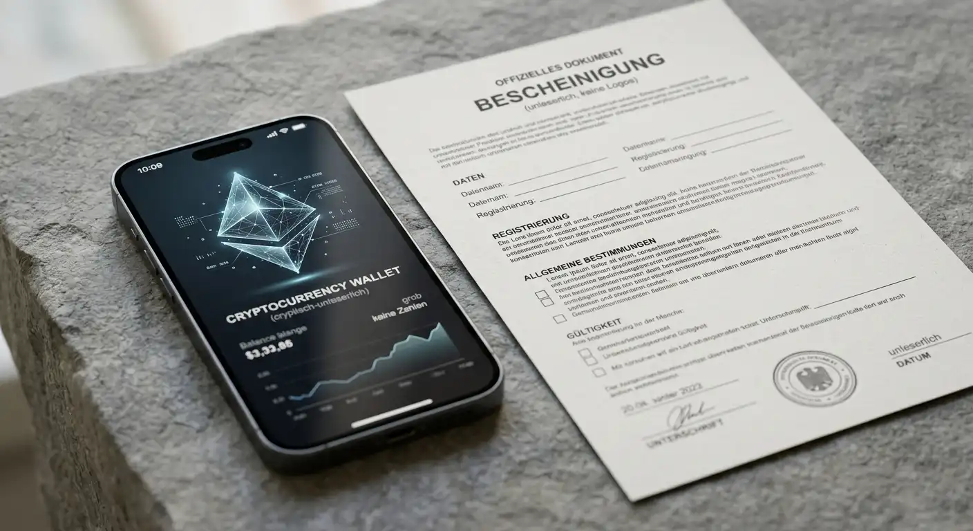 Neutrale digitale Geldbörse mit abstraktem Bitcoin-Symbol neben einem Lizenzdokument