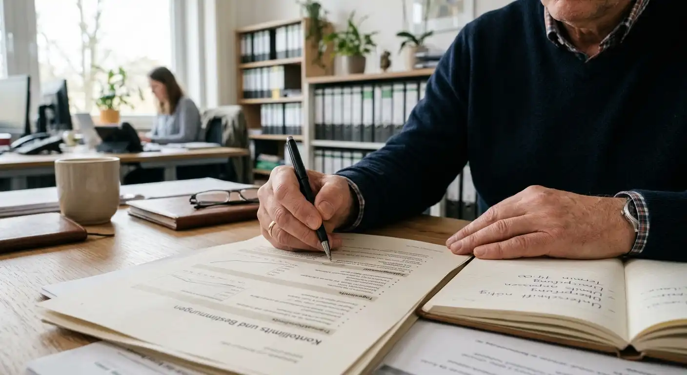 Person mit Notizbuch und neutralem Behördenpapier zu Einzahlungslimits