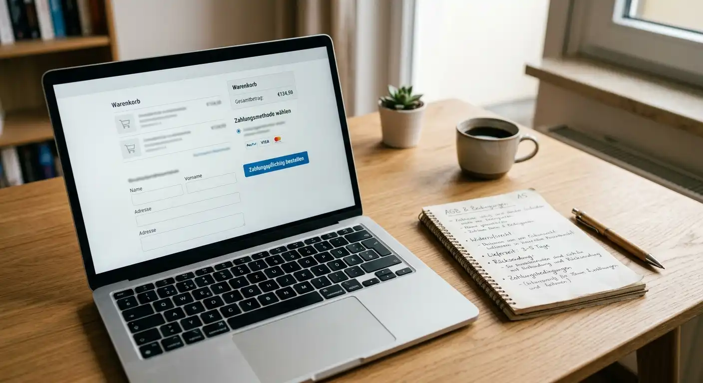 Laptop mit neutraler Kasse und daneben liegenden Notizen zu Bonusbedingungen